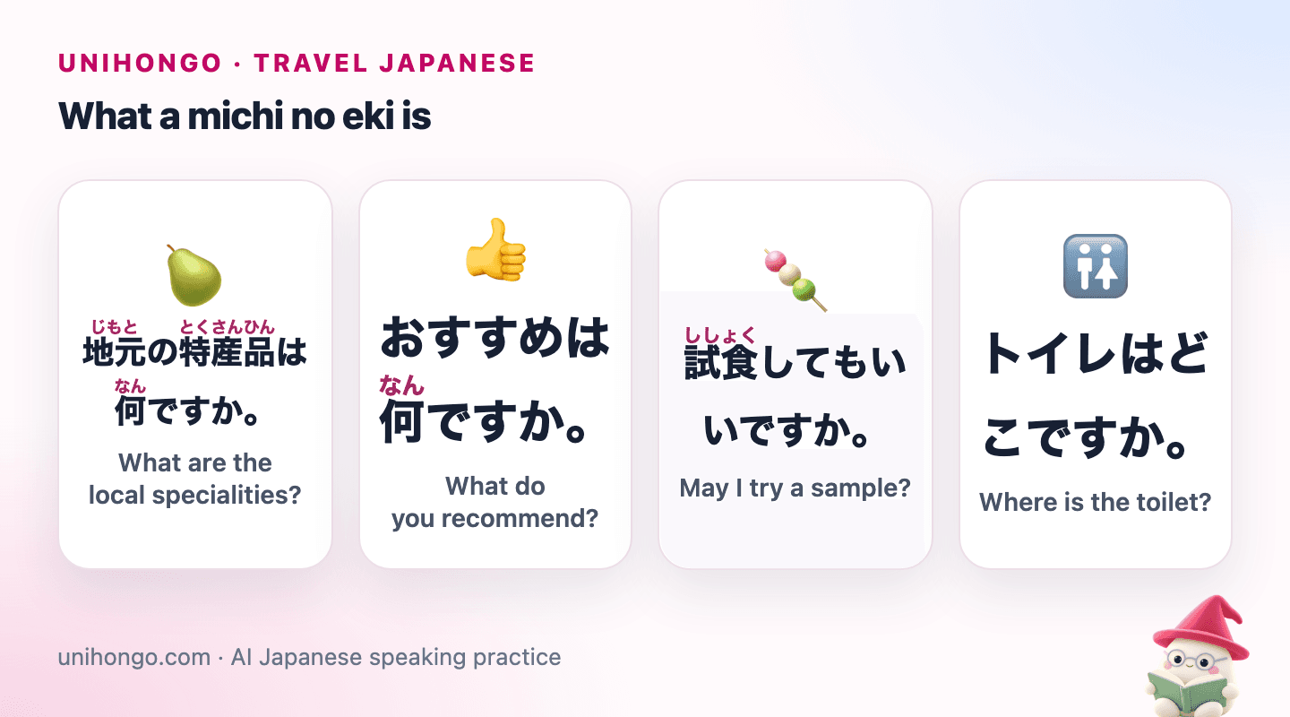 Four picture cards: asking about the local speciality, asking what is recommended, asking to try a sample, and asking where the toilet is.