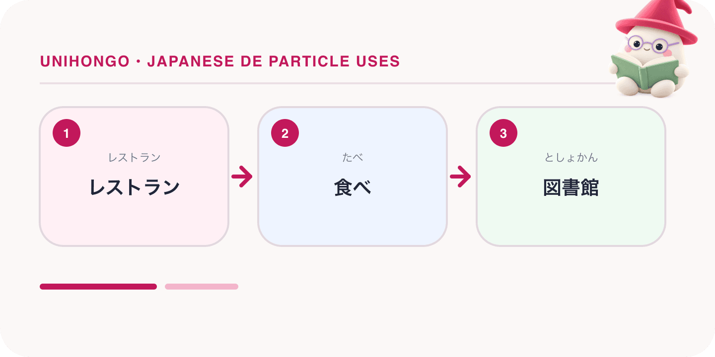 Mochi, Unihongo's mascot, guides a Japanese learning map for Japanese De Particle Uses: Place, Means, Material, Cause, Scope and Totals: レストラン, 食べ, 図書館.