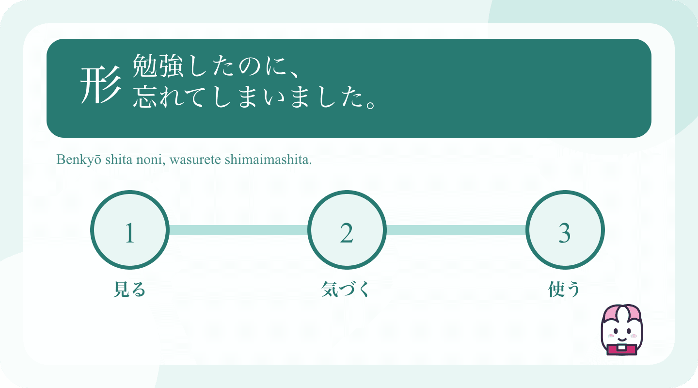 Japanese example and learning cues for Japanese のに: Express Contrast and Unexpected Results
