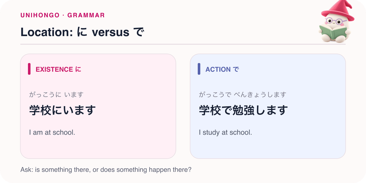 Mocchi illustrates location: に versus で with Japanese examples and hiragana readings.