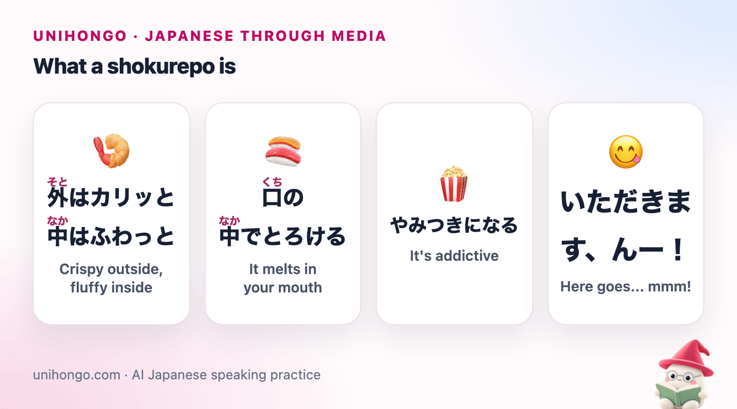 Four picture cards: a crisp and fluffy fried snack, a piece of tuna melting in the mouth, a hand reaching for more snacks, and a person taking a first bite.