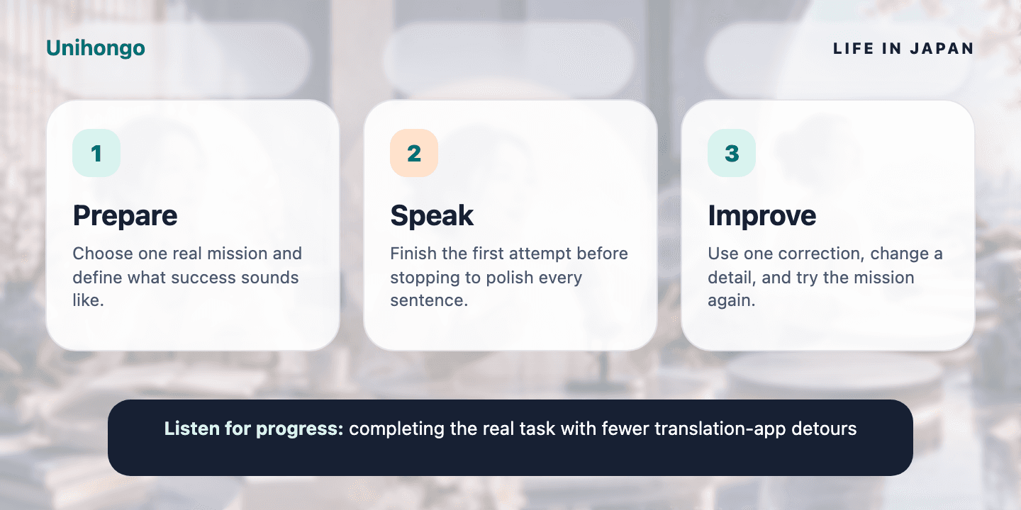 Three-stage visual practice journey for learners who want to prepare for recurring errands and local relationships