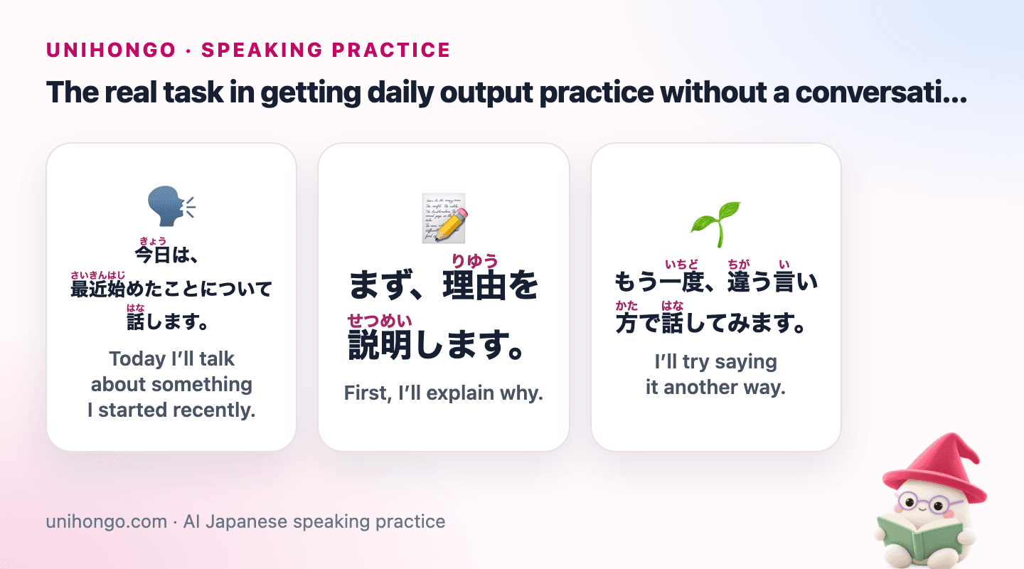 Three Japanese speaking prompts for Practice Japanese Speaking Alone Without a Partner, with readings and meanings.