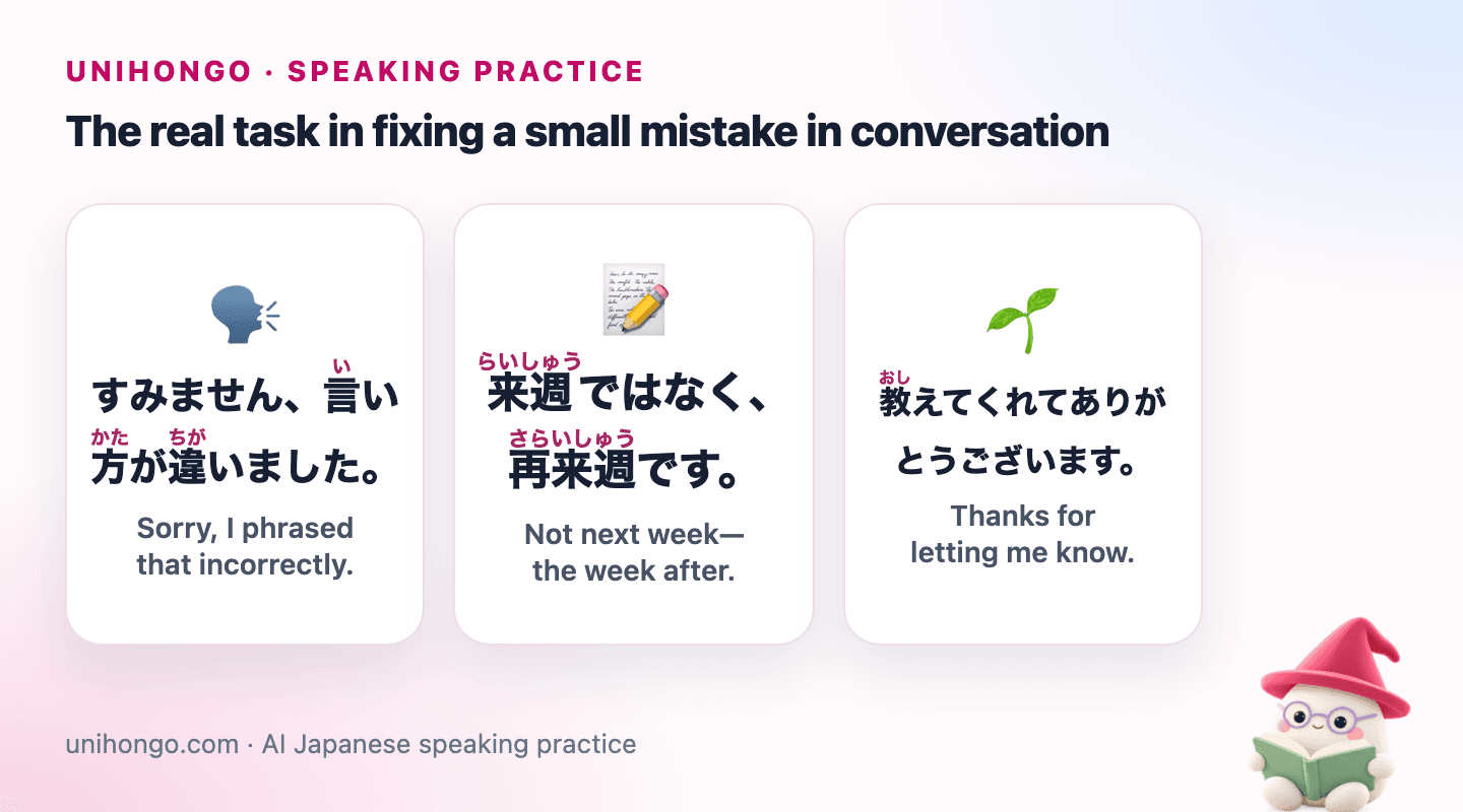 Three Japanese speaking prompts for Apologize and Repair a Conversation in Japanese, with readings and meanings.
