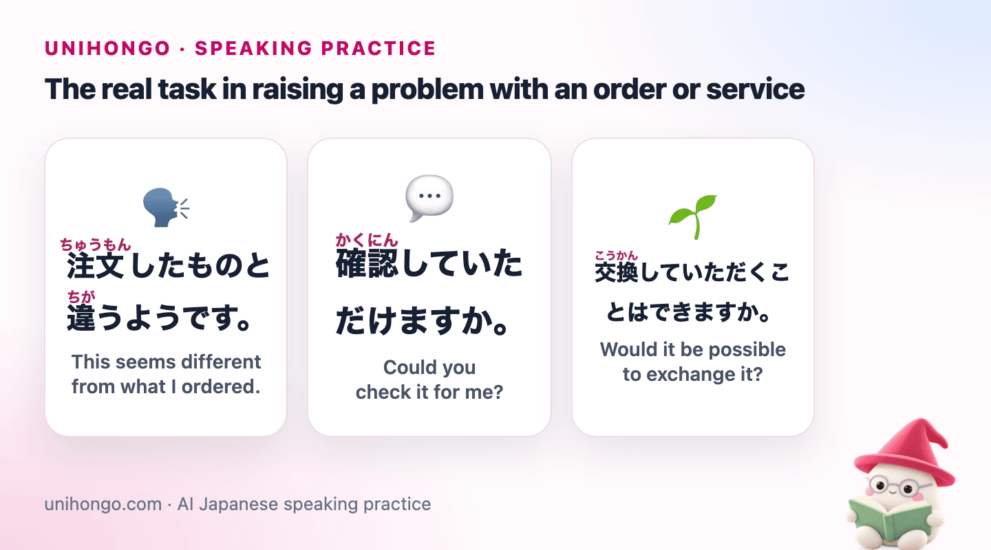 Three Japanese speaking prompts for Complain Politely in Japanese, with readings and meanings.