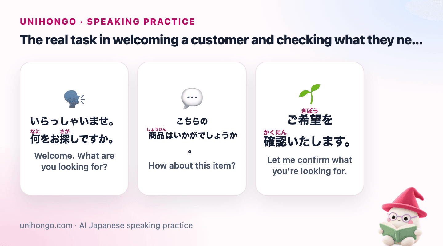 Three Japanese speaking prompts for Speak Japanese with a Customer or Client, with readings and meanings.