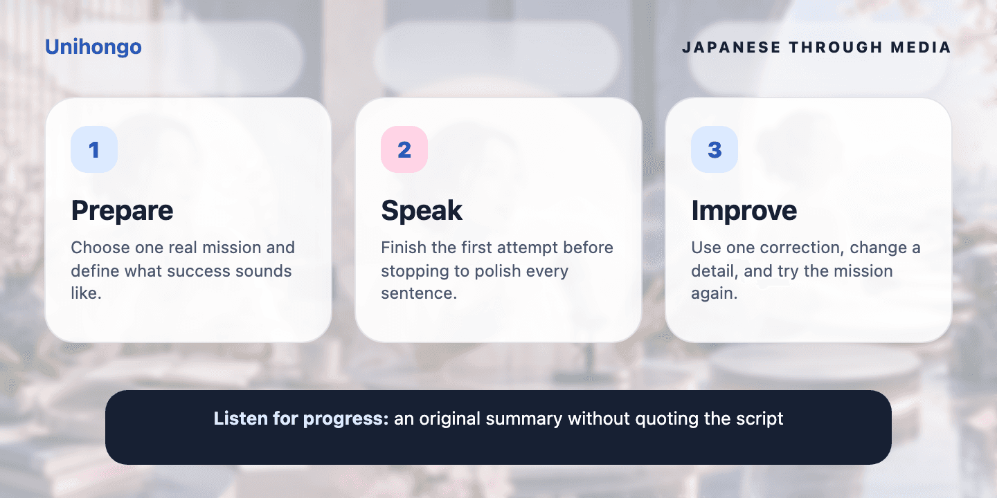 Three-stage visual practice journey for learners who want to transform familiar scenes into appropriate original speech
