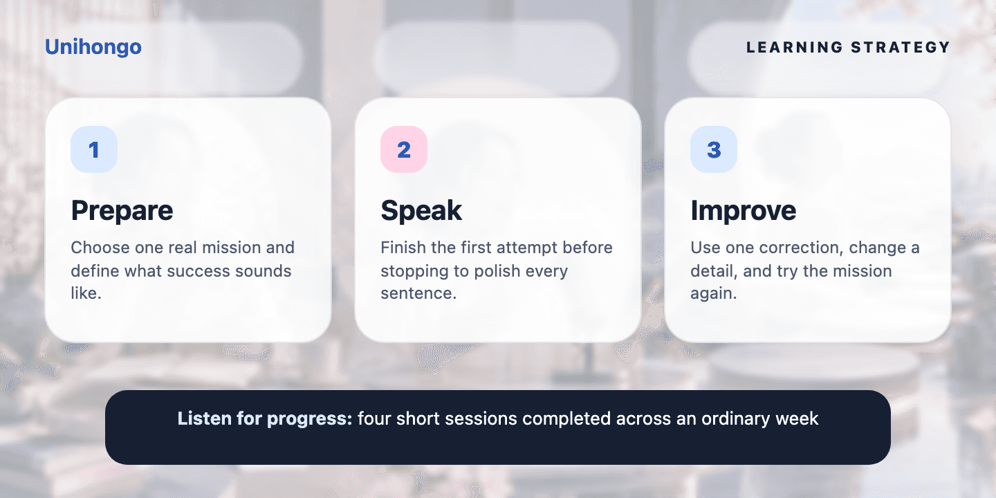 Three-stage visual practice journey for learners who want to make meaningful progress in short, interruptible sessions