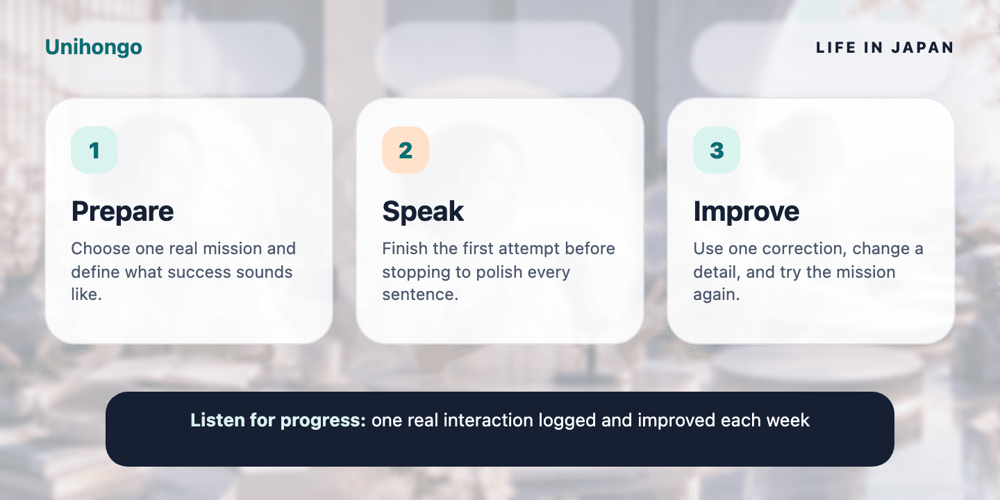 Three-stage visual practice journey for learners who want to turn daily exposure into deliberate speaking growth
