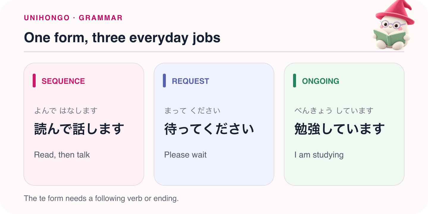 Mocchi illustrates one form, three everyday jobs with Japanese examples and hiragana readings.
