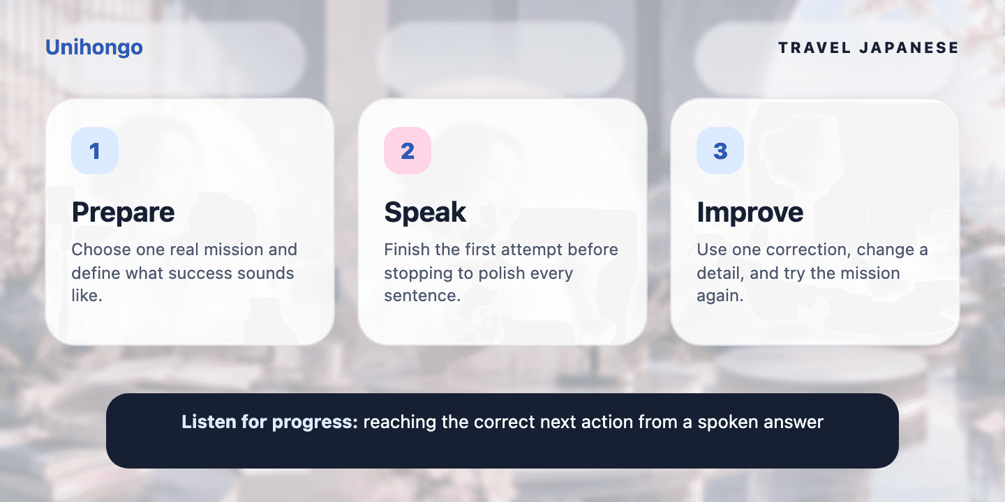 Three-stage visual practice journey for learners who want to ask a short question and use the answer