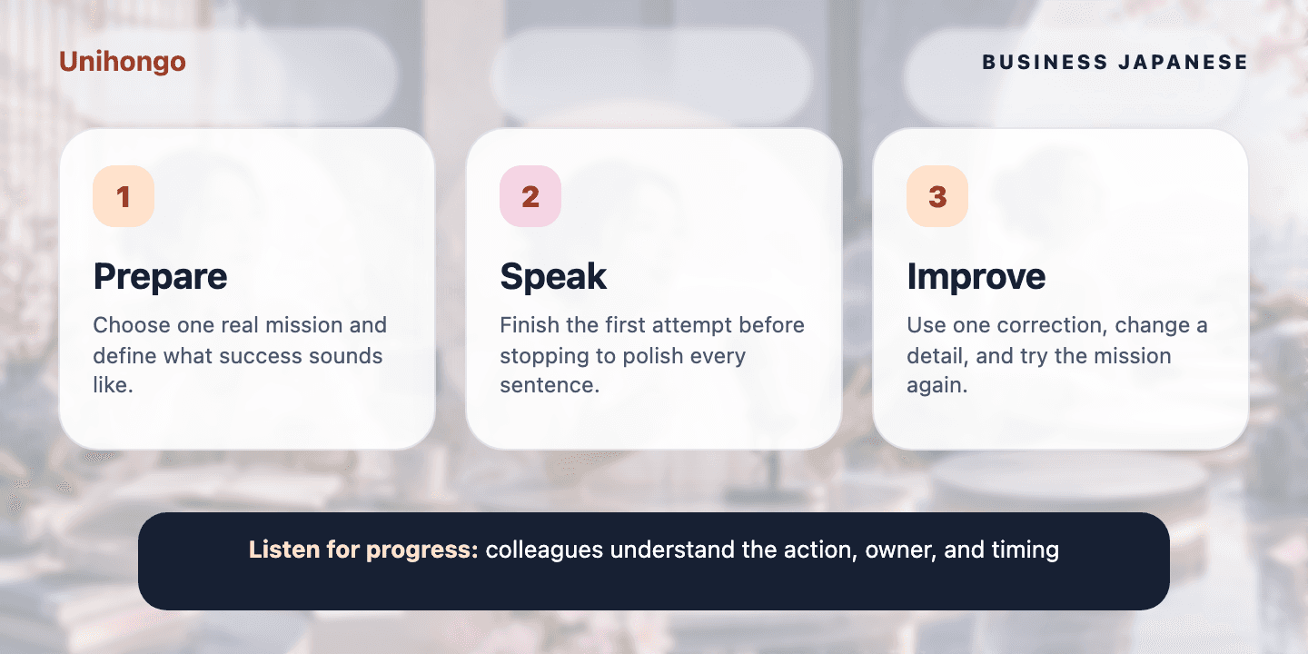 Three-stage visual practice journey for learners who want to handle routine interactions without overpreparing