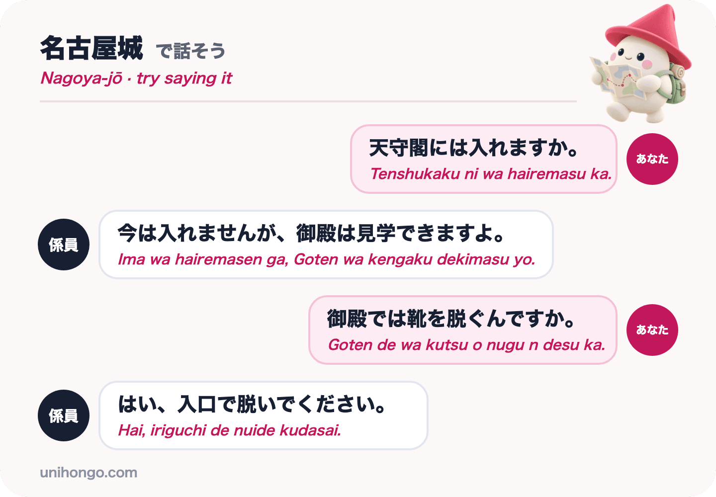 Ein vierzeiliges Gespräch zwischen einem Besucher und einem Burgwärter auf der Burg Nagoya, in dem er gefragt wird, ob der Bergfried geöffnet ist und wo man im Palast die Schuhe ausziehen kann, auf Japanisch mit Romaji