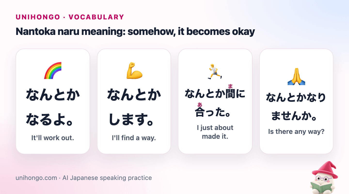 Four picture cards: a rainbow after rain, a person rolling up their sleeves, a runner reaching a closing door just in time, and hands pressed together asking a favour.