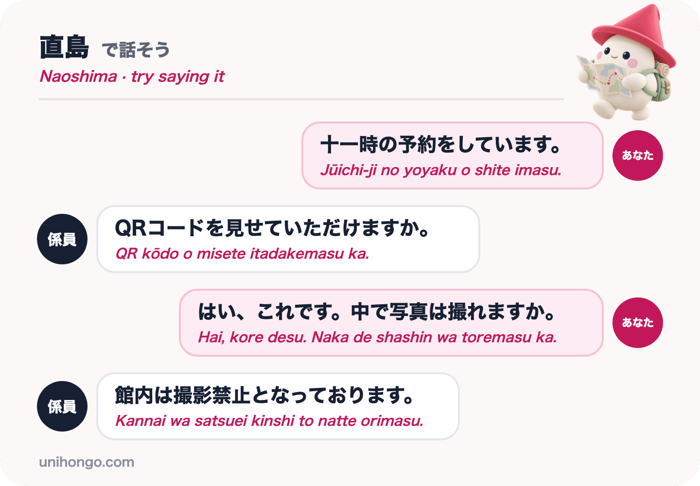 Rozhovor o čtyřech replikách mezi návštěvníkem a návštěvníkem muzea na Naošimě o rezervaci v 11:00, QR kódu a fotografování v japonštině s romaji