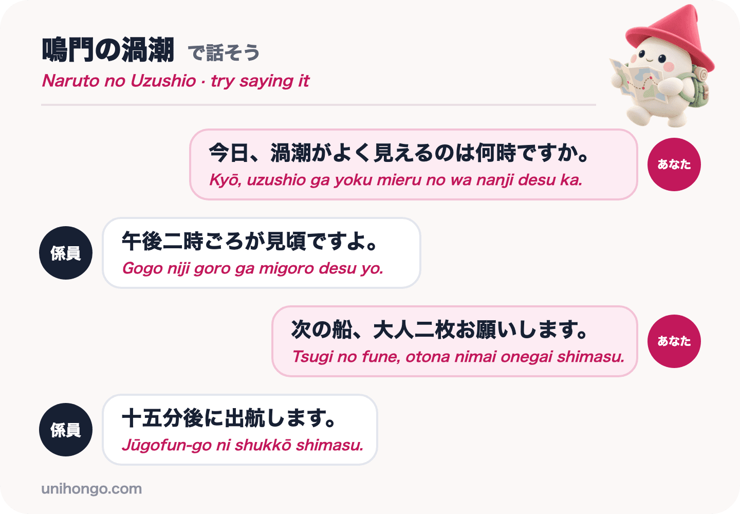 Rozhovor o čtyřech replikách mezi návštěvníkem a lodníkem v Naruto o nejlepším čase ve vířivce a lístcích na další loď v japonštině s romaji