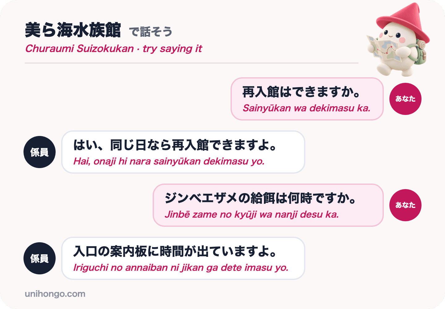 Rozhovor o čtyřech replikách mezi návštěvníkem a personálem akvária v Churaumi s dotazem na návrat ve stejný den a čas krmení žraloků velrybích v japonštině s romaji