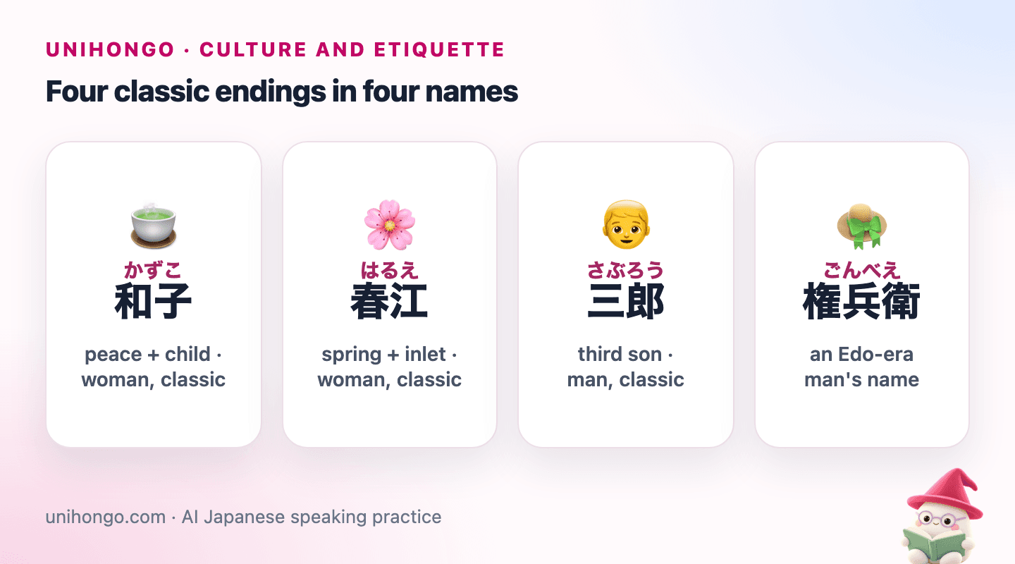 Four picture cards: the woman's name Kazuko with a teacup, the woman's name Harue with cherry blossoms, the man's name Saburō with three little figures, and the old name Gonbē with a straw hat.