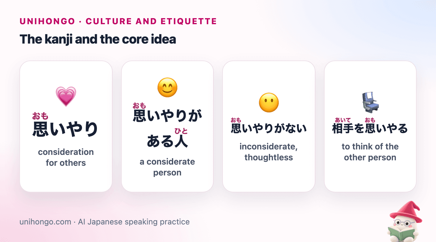 Four picture cards: a heart reaching toward another person, a smiling considerate person, a person ignoring someone in need, and a hand offering a seat.