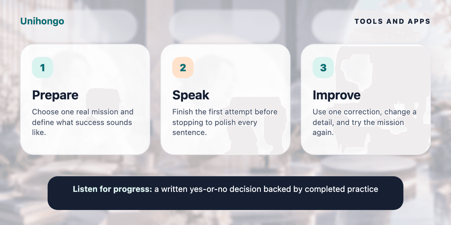 Three-stage visual practice journey for learners who want to decide whether an app deserves time and money