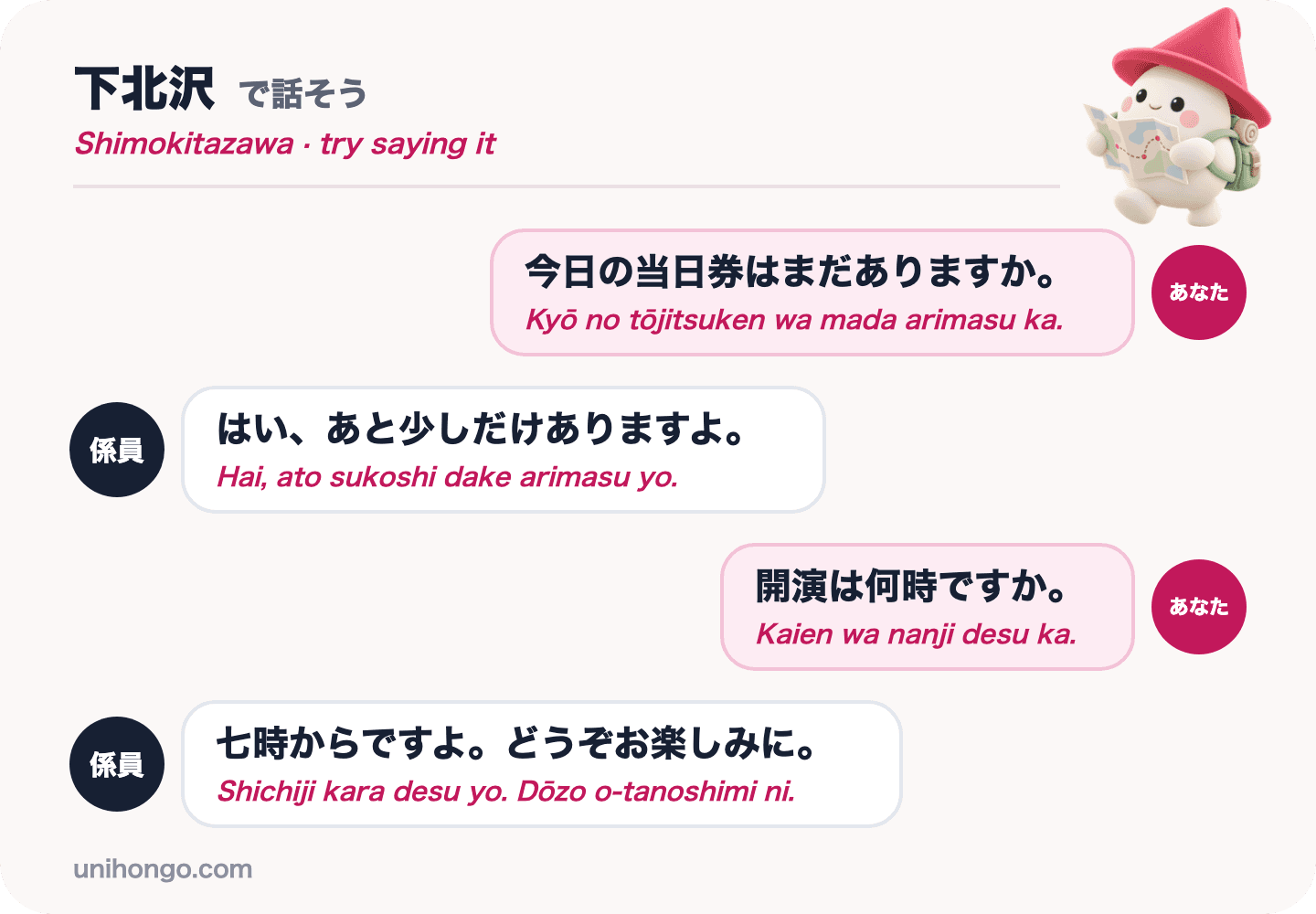 Isang apat na linyang chat sa pagitan ng isang bisita at isang box office attendant sa teatro sa Shimokitazawa, na humihingi ng parehong araw na mga tiket at oras ng pagsisimula, sa Japanese na may romaji