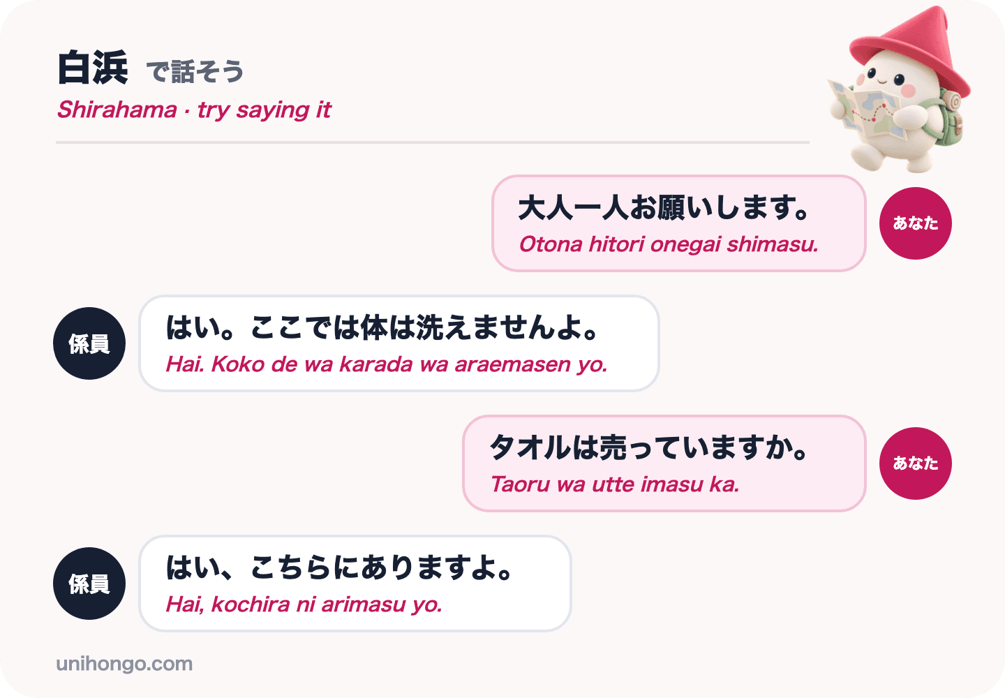 Isang apat na linyang chat sa pagitan ng isang bisita at ng attendant sa isang pampublikong paliguan ng Shirahama, nagbabayad para sa isang matanda at nagtatanong tungkol sa paglalaba at mga tuwalya, sa Japanese na may romaji