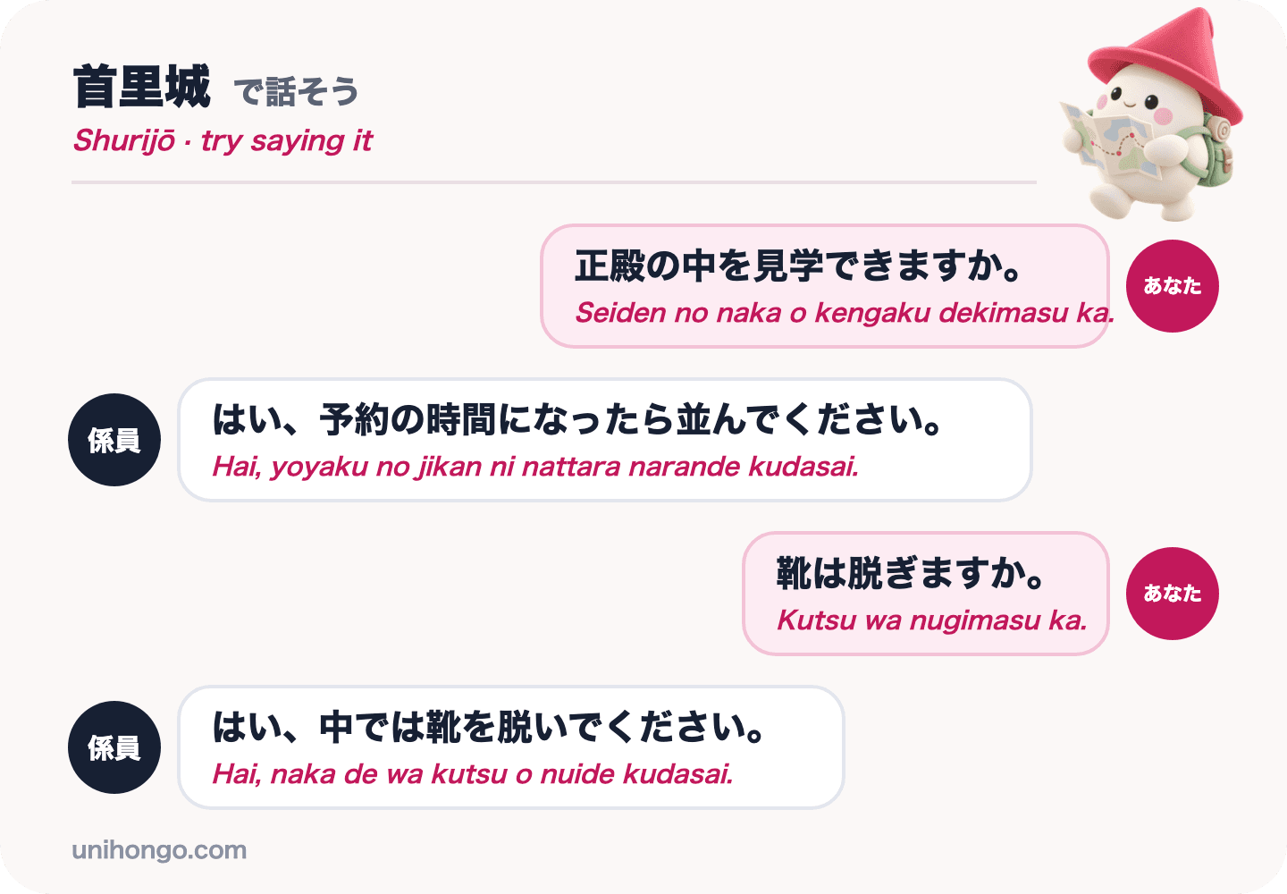 Una conversación de cuatro frases entre un visitante y el personal del Castillo Shuri, preguntando sobre cómo ver el interior del Seiden y si quitarse los zapatos, en japonés con romaji.