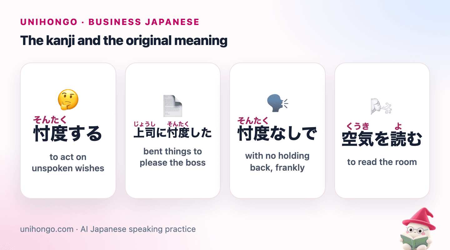 Four picture cards: a person reading a boss's unspoken thoughts, an employee bending a rule for a powerful figure, a reviewer speaking frankly, and a person sensing the mood of a room.