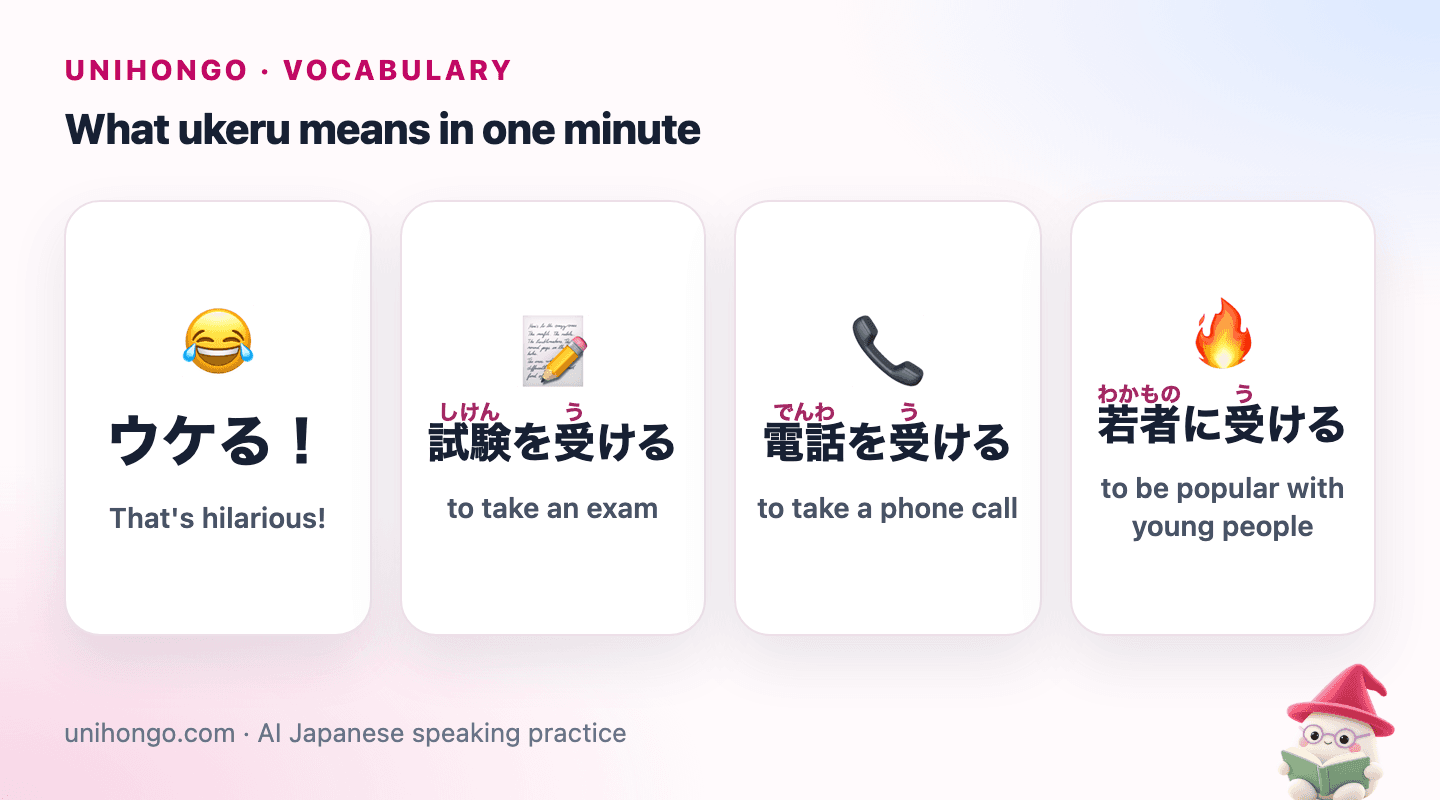Four picture cards: a friend laughing, an exam paper, a phone ringing, and a crowd excited about something popular.