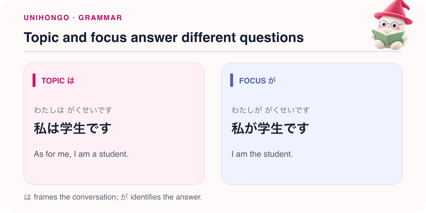 Mocchi illustrates topic and focus answer different questions with Japanese examples and hiragana readings.