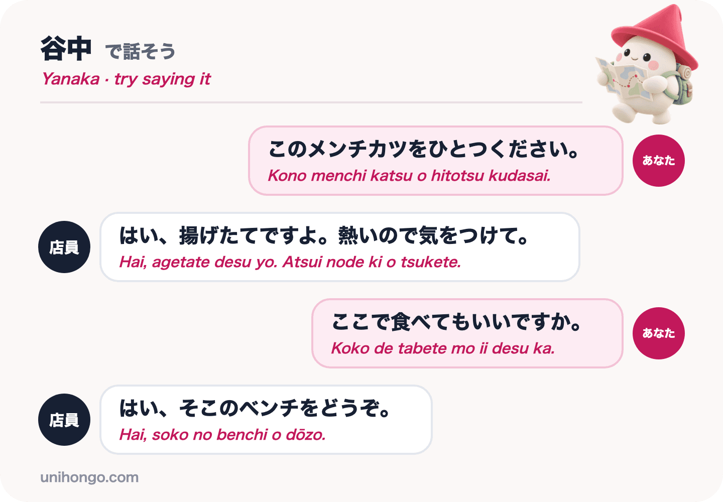 Rozhovor o čtyřech replikách mezi návštěvníkem a majitelem obchodu na Yanaka Ginza, objednání menchi katsu a dotaz, zda ho tam mohou jíst, v japonštině s romaji