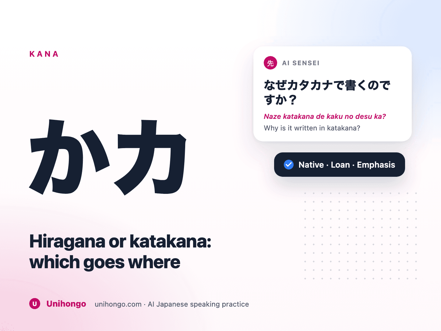 Ein japanischer Satz mit farblich gekennzeichneten Hiragana-, Katakana- und Kanji-Teilen