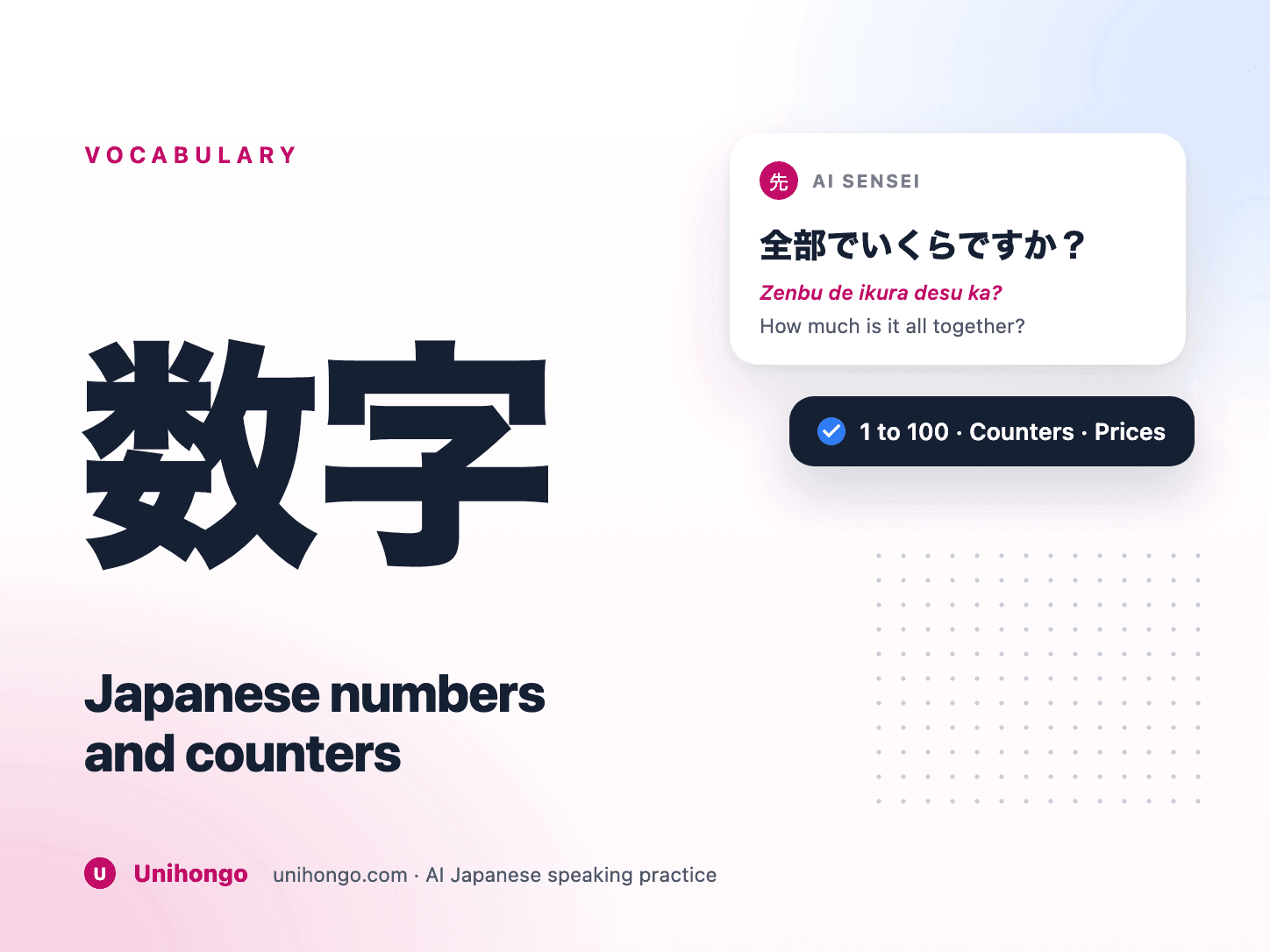 Japanese numbers connected to counters for people, time, prices, and objects