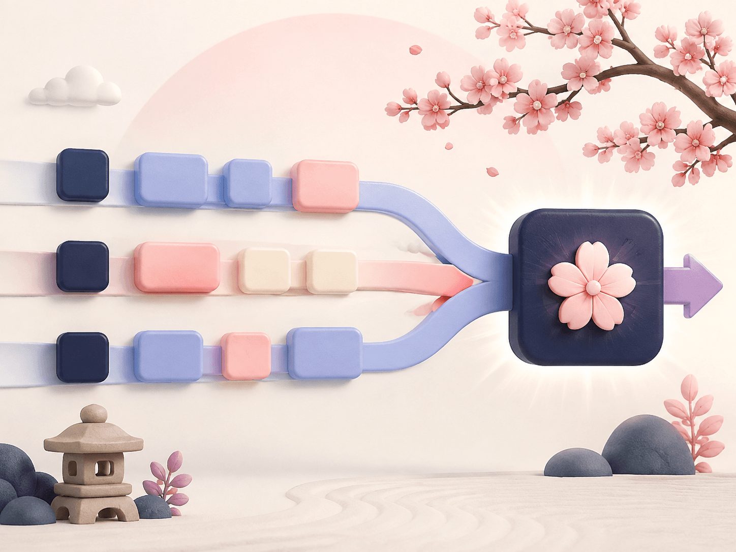 Morceaux de phrases japonais codés par couleur se dirigeant vers un verbe final