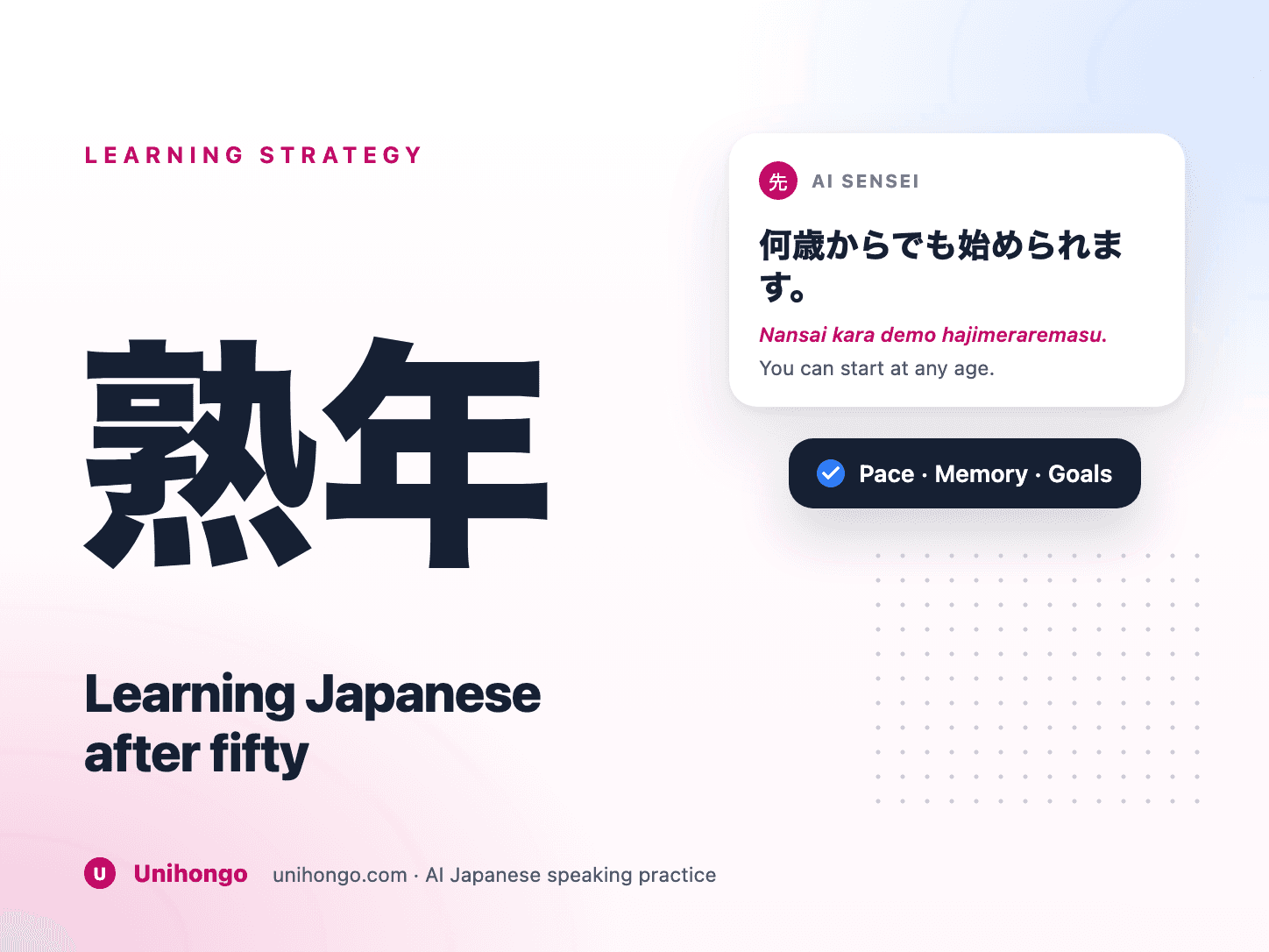 Un alumno mayor practica frases japonesas en voz alta en un escritorio con notas en letra grande