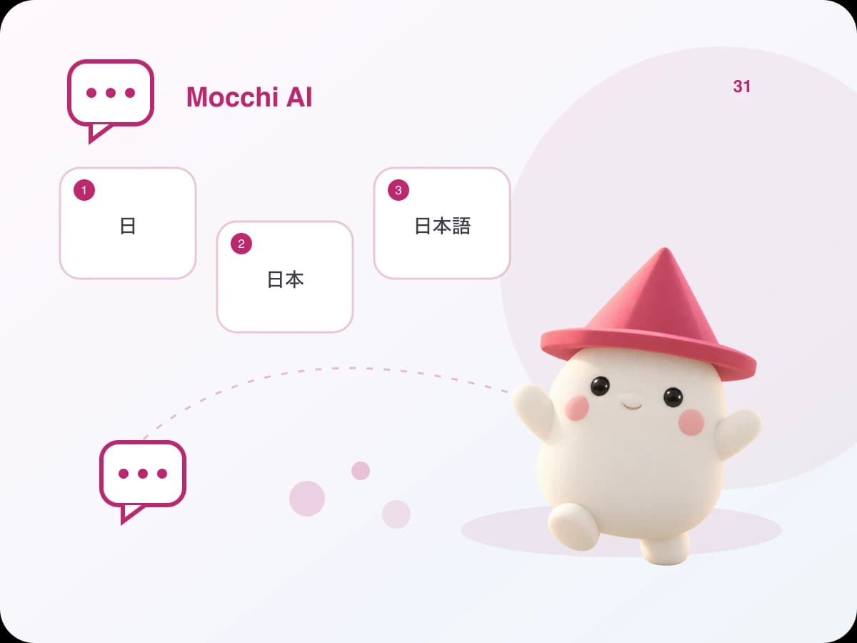 Mocchi menghubungkan kanji pemula kepada perkataan Jepun yang biasa dan ayat pendek menggunakannya