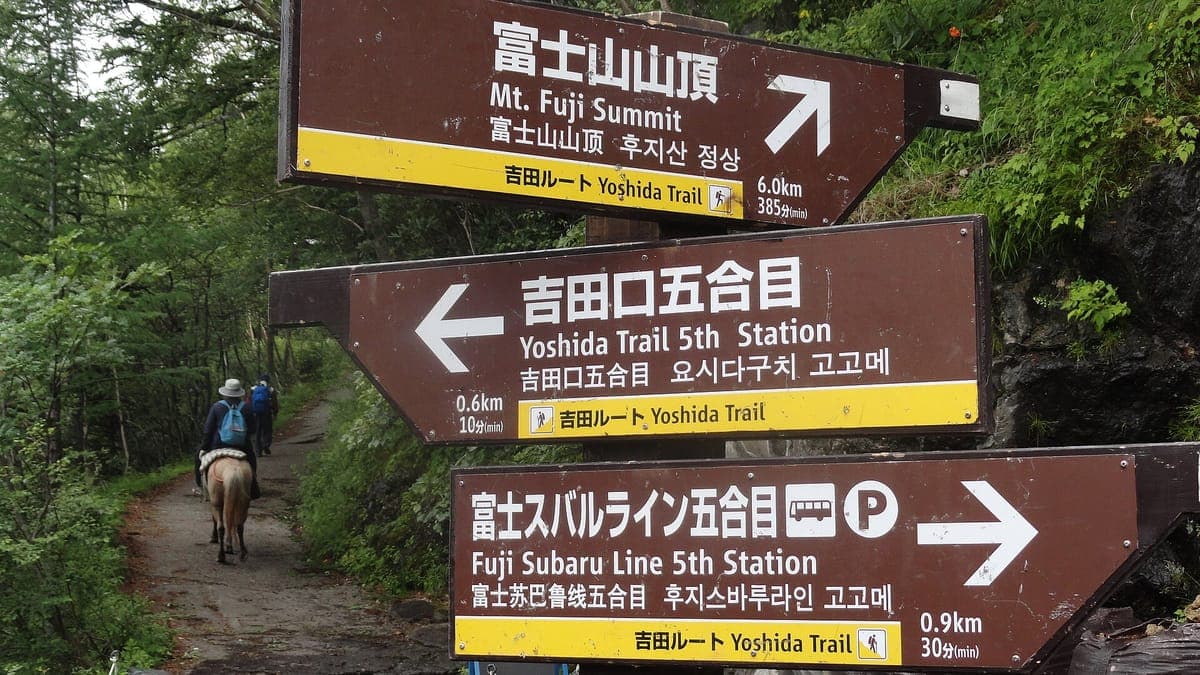 Bruine houten bordjes op de berg Fuji wijzen naar de top, het vijfde station van de Yoshida Trail en het vijfde station van de Fuji Subaru Line, met een paard en een ruiter op het pad erachter