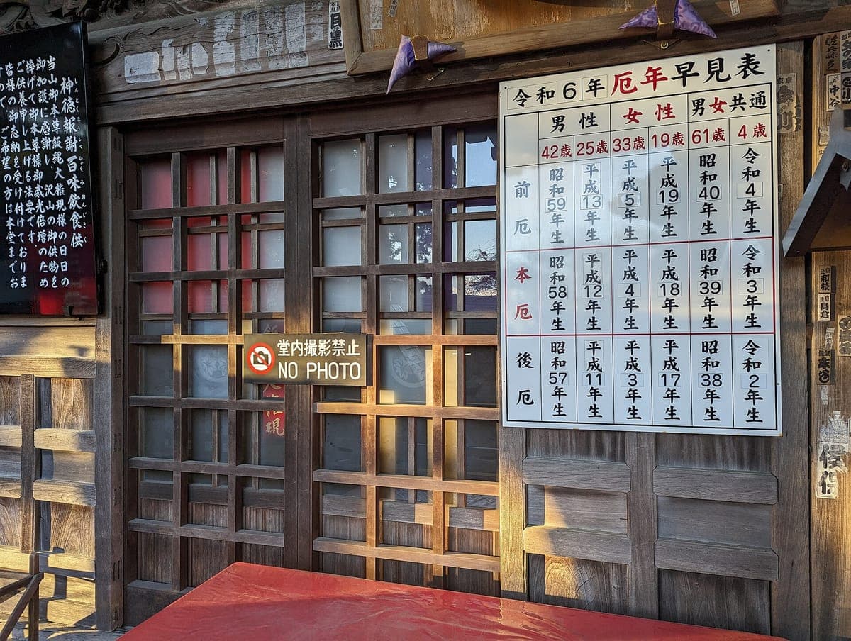 Dřevěné mřížové dveře chrámové síně na hoře Takao s malým nápisem 堂内撮影禁止 ŽÁDNÁ FOTOGRAFIE a velkou tabulkou yakudoshi, nešťastných let, vedle