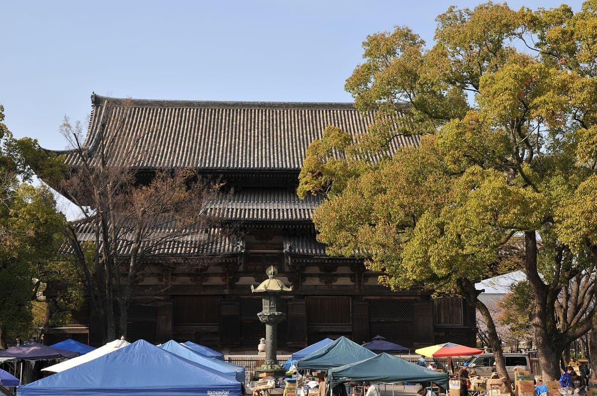 Filas de tiendas de campaña azules y blancas frente a una gran sala con techo oscuro en Tō-ji, con árboles y una linterna de piedra.