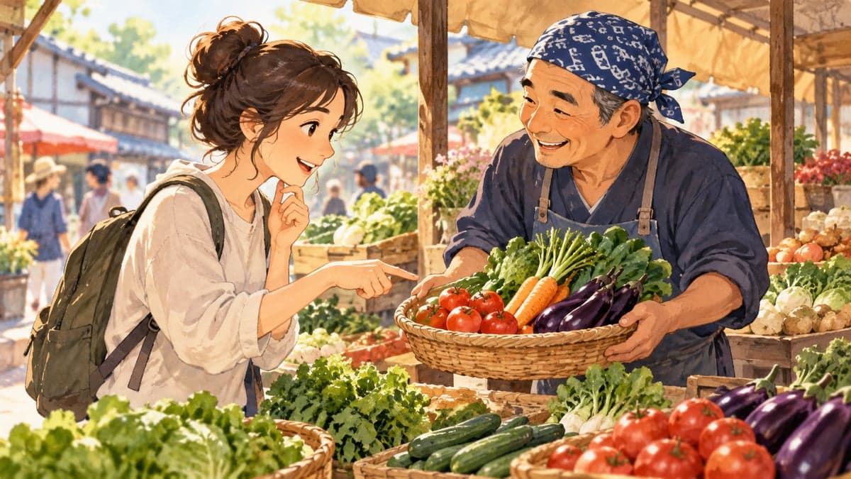 Pelajar menerangkan sayur-sayuran segar kepada penjual pasar Jepun yang mesra, menunjuk ke arah bakul sambil memikirkan perkataan, warna-warna hasil yang ceria dan cahaya pagi yang lembut.