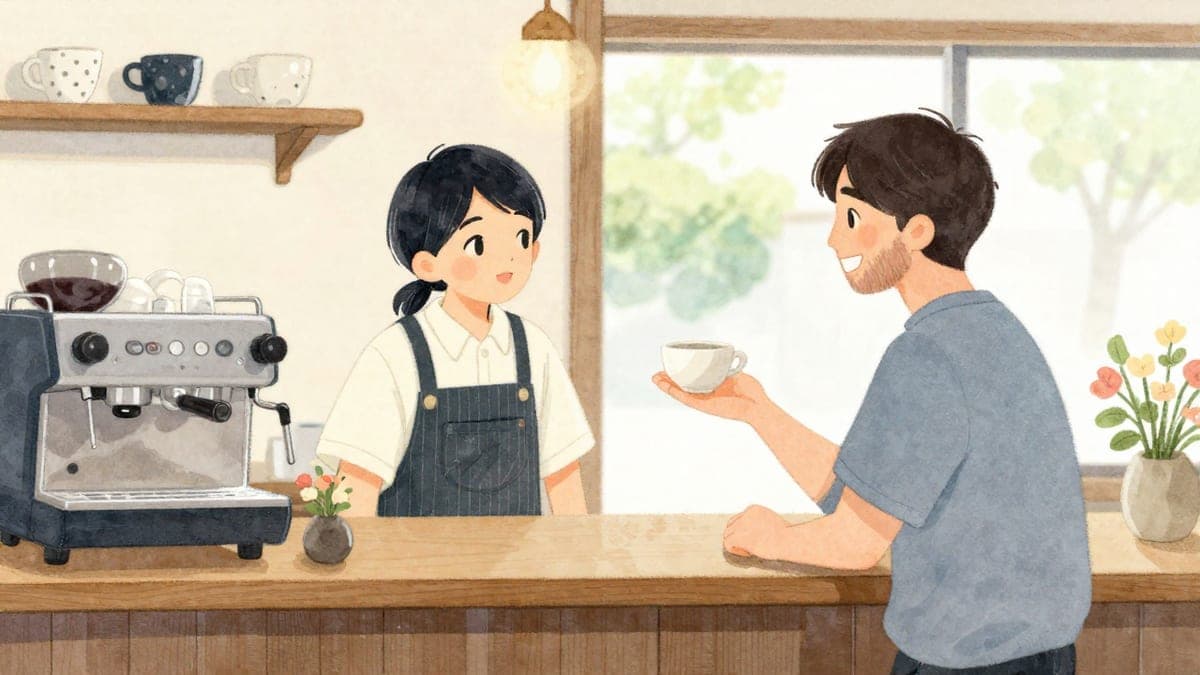 Kaunter kafe dengan rak cawan seramik dan tingkap ke taman; seorang barista Jepun mencondongkan kepalanya dengan soalan sambil seorang pelajar memberi isyarat sebesar cawan