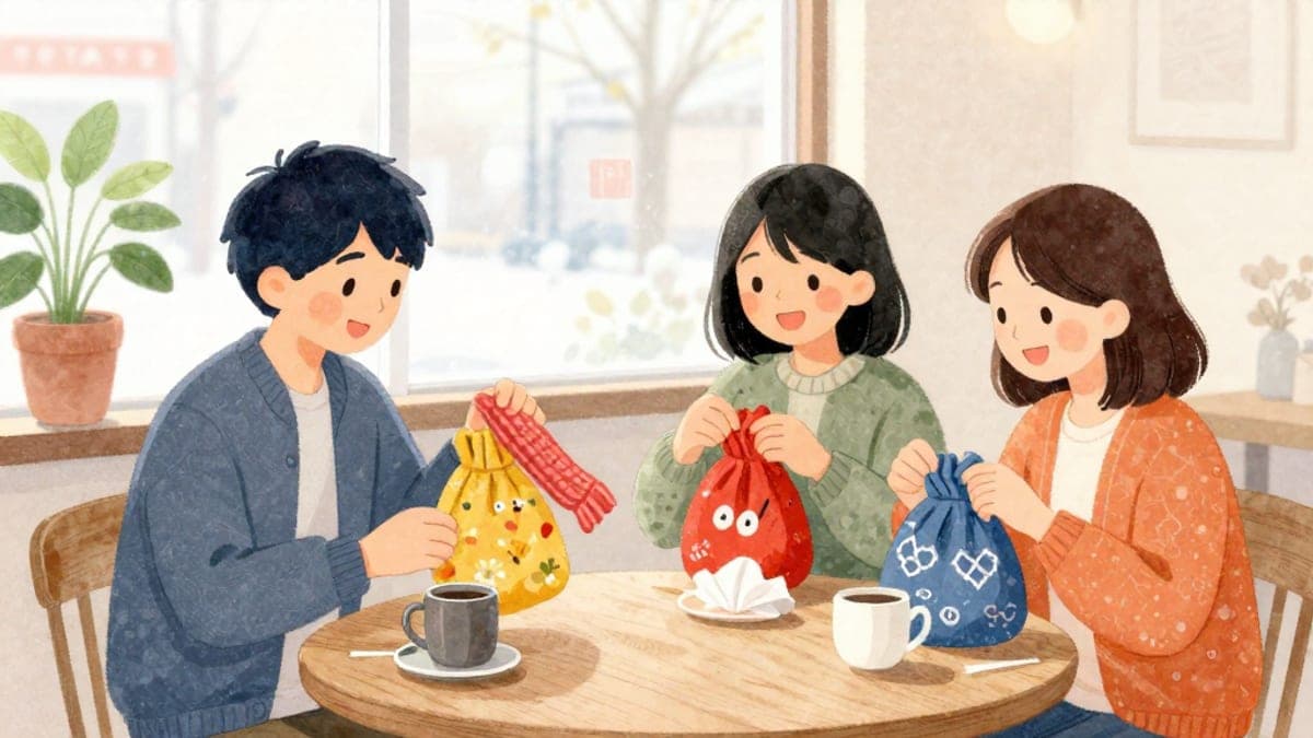 Tiga rakan ketawa di meja kafe sambil membuka beg bertuah berwarna-warni dan memegang selendang, mug dan baju sejuk untuk dibandingkan.