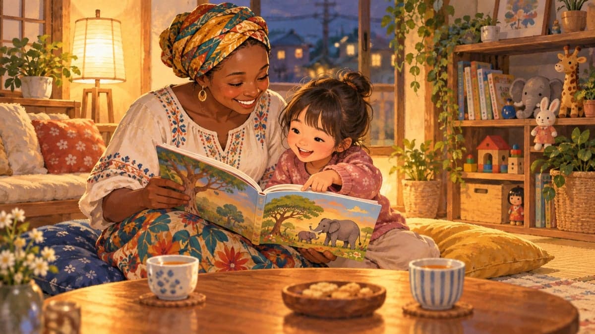 Seorang wanita Afrika Timur pertengahan umur duduk di atas kusyen lantai membaca buku bergambar dengan seorang gadis Jepun yang gembira berusia kira-kira enam tahun, cahaya lampu hangat dan rak mainan di belakang mereka.