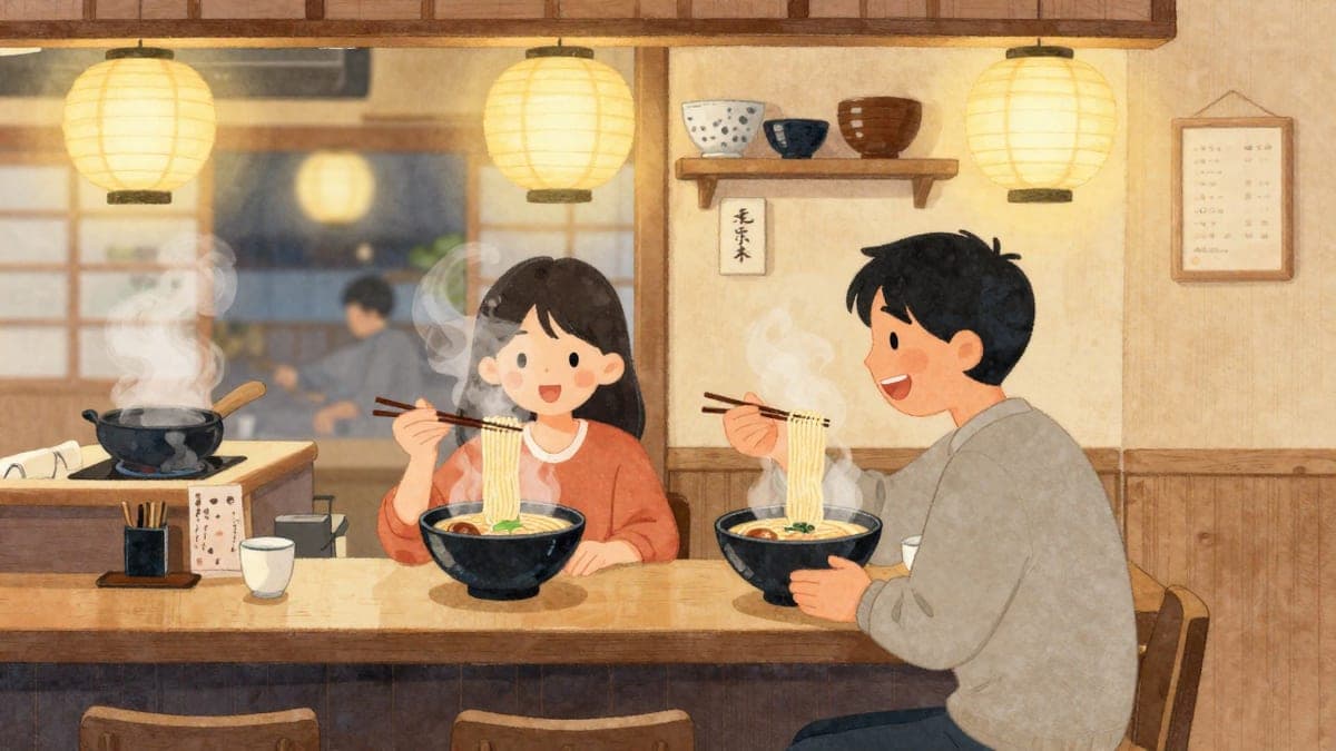 Dua rakan duduk di kaunter ramen kecil dengan mangkuk mengukus, ketawa bersama di bawah cahaya tanglung yang hangat