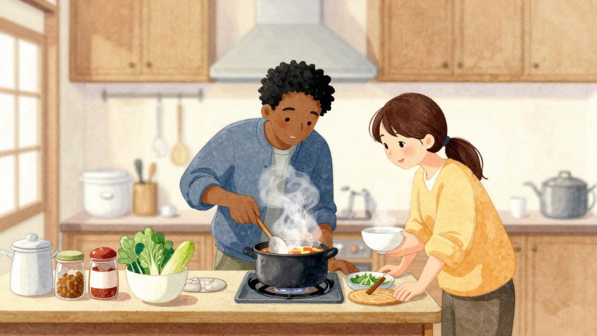 Dua rakan memasak bersama di dapur kecil yang hangat, seorang mengacau periuk hidangan dari rumah manakala seorang lagi bersandar sambil tersenyum