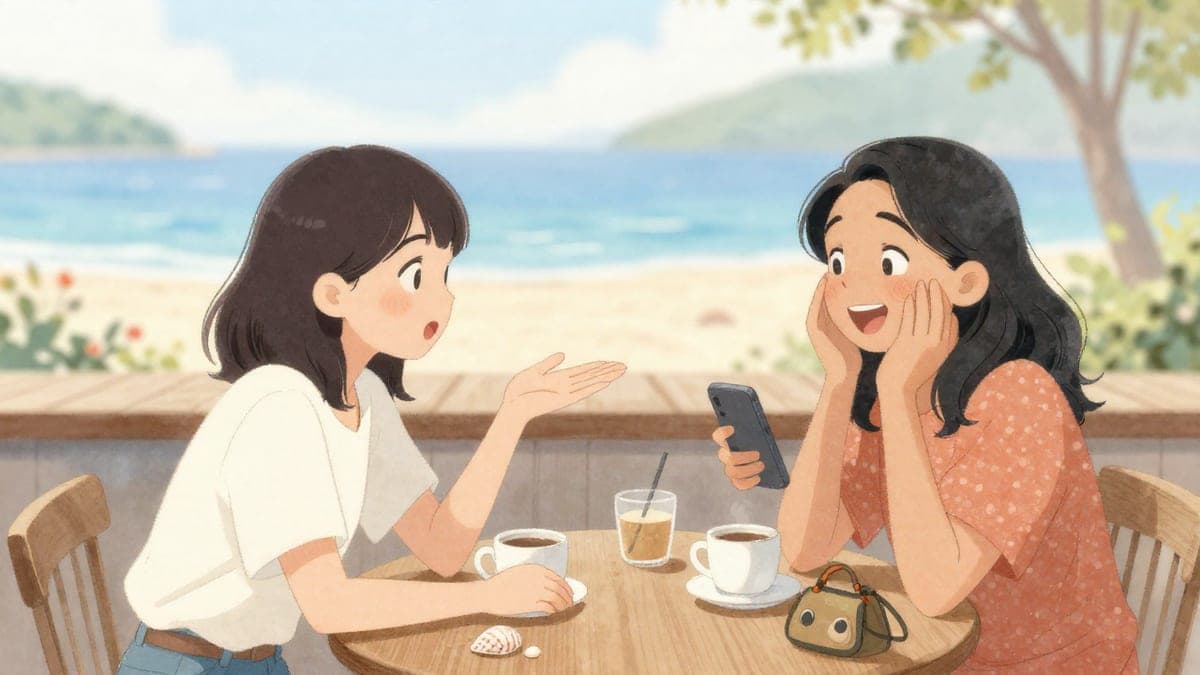 Seorang wanita muda menunjukkan rakannya gambar percutian laut biru pada telefonnya di meja kafe kayu, manakala rakannya tersenyum dengan rasa iri hati