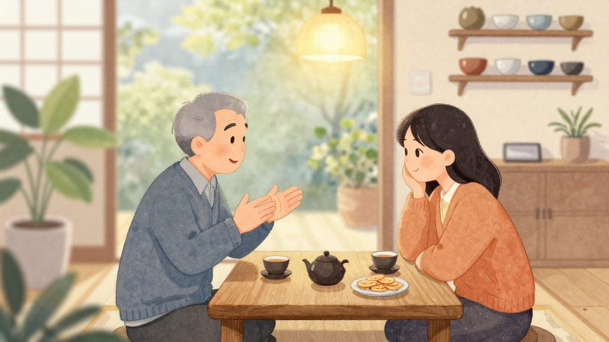 Een oudere Japanse man en een jonge Latina-vrouw praten bij de thee aan een lage houten tafel in een gezellig appartement met planten