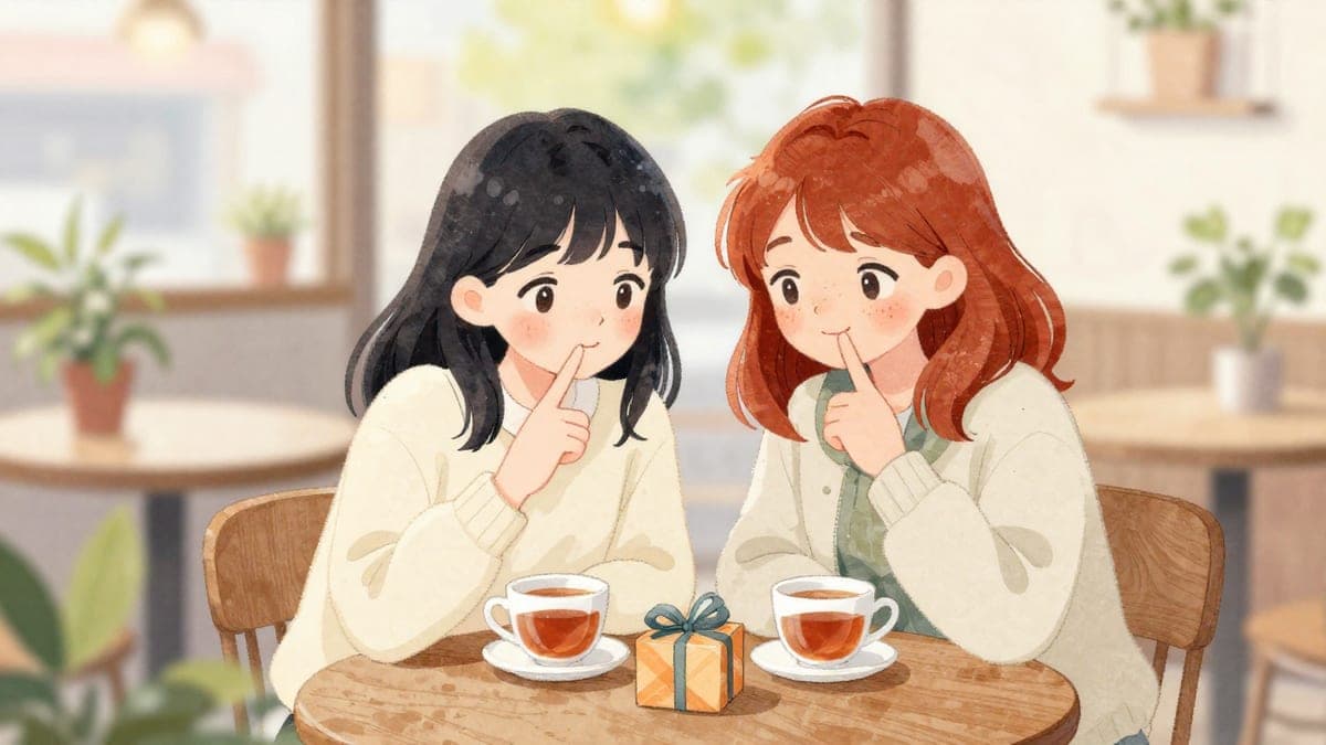 Dua anak muda women bersandar rapat di meja kafe, seorang memegang jari ke bibirnya sambil tersenyum nakal di sebelah hadiah yang dibungkus