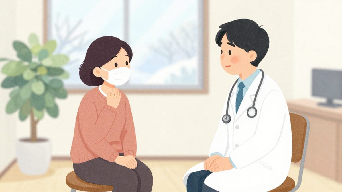 Seorang wanita pertengahan umur dari Asia Tenggara, memakai topeng, duduk di atas bangku klinik menjawab soalan doktor yang baik hati di dalam bilik perundingan yang terang dengan tanaman pasu.