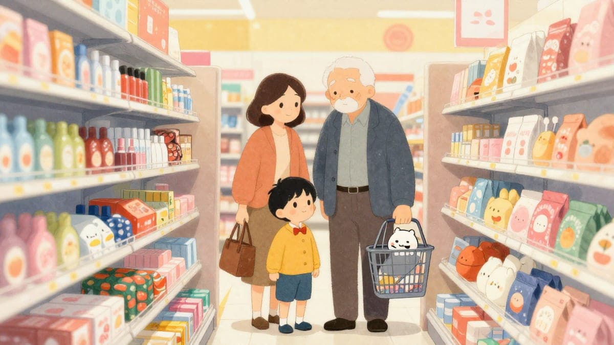 Zwei Käufer machen sich höflich mit Körben in einem engen, farbenfrohen Gang eines japanischen Discounters gegenseitig Platz.